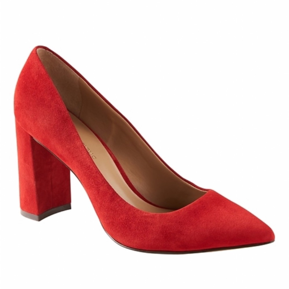 Banana Republic Red Suede Pointed Toe Block Heel Pumps